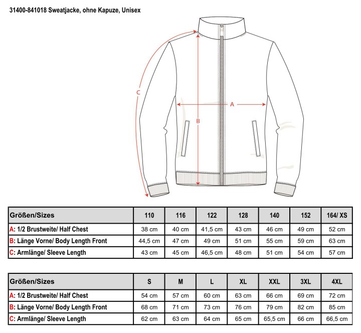 31400-841018STR Sweatjacke, ohne Kapuze, Unisex